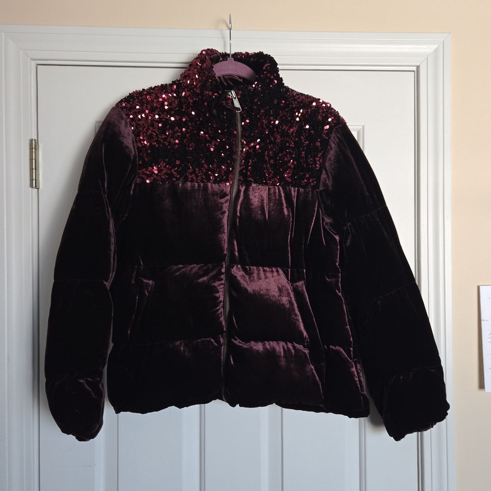 Maeve By Antropologie Velvet Puffer Jacket with Sequin Detail Burgundy NWT